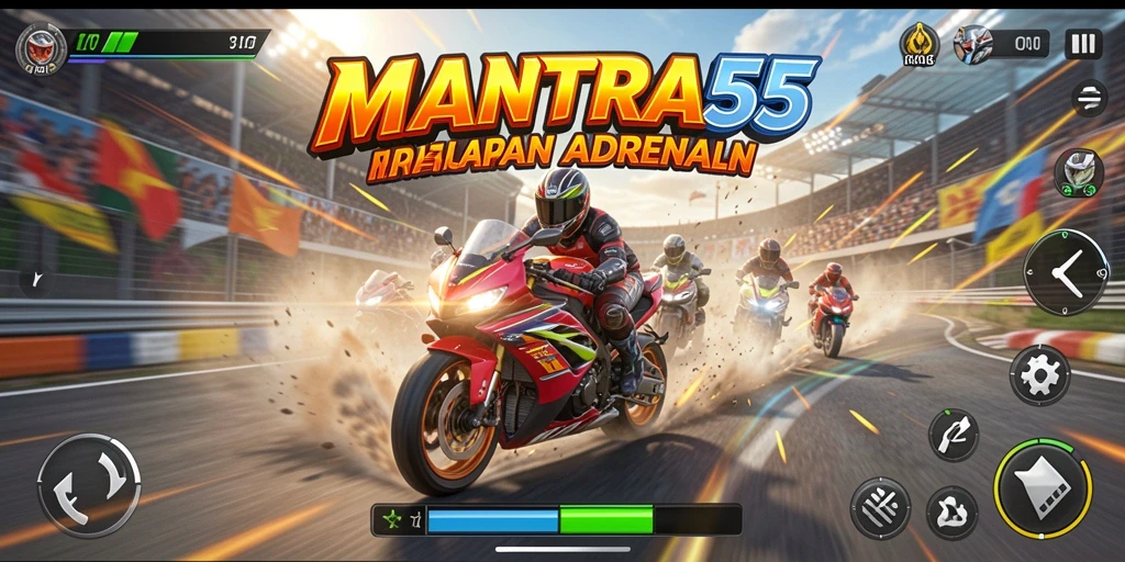 Tampilan gameplay seru dari MANTRA55 saat balapan.