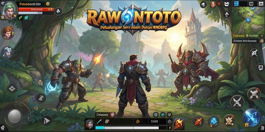 Screenshot gameplay RAWONTOTO menunjukkan pertempuran seru di dunia fantasi.