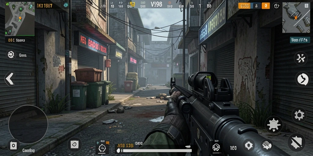 Screenshot gameplay V98 menunjukkan aksi tembak-menembak yang intens.